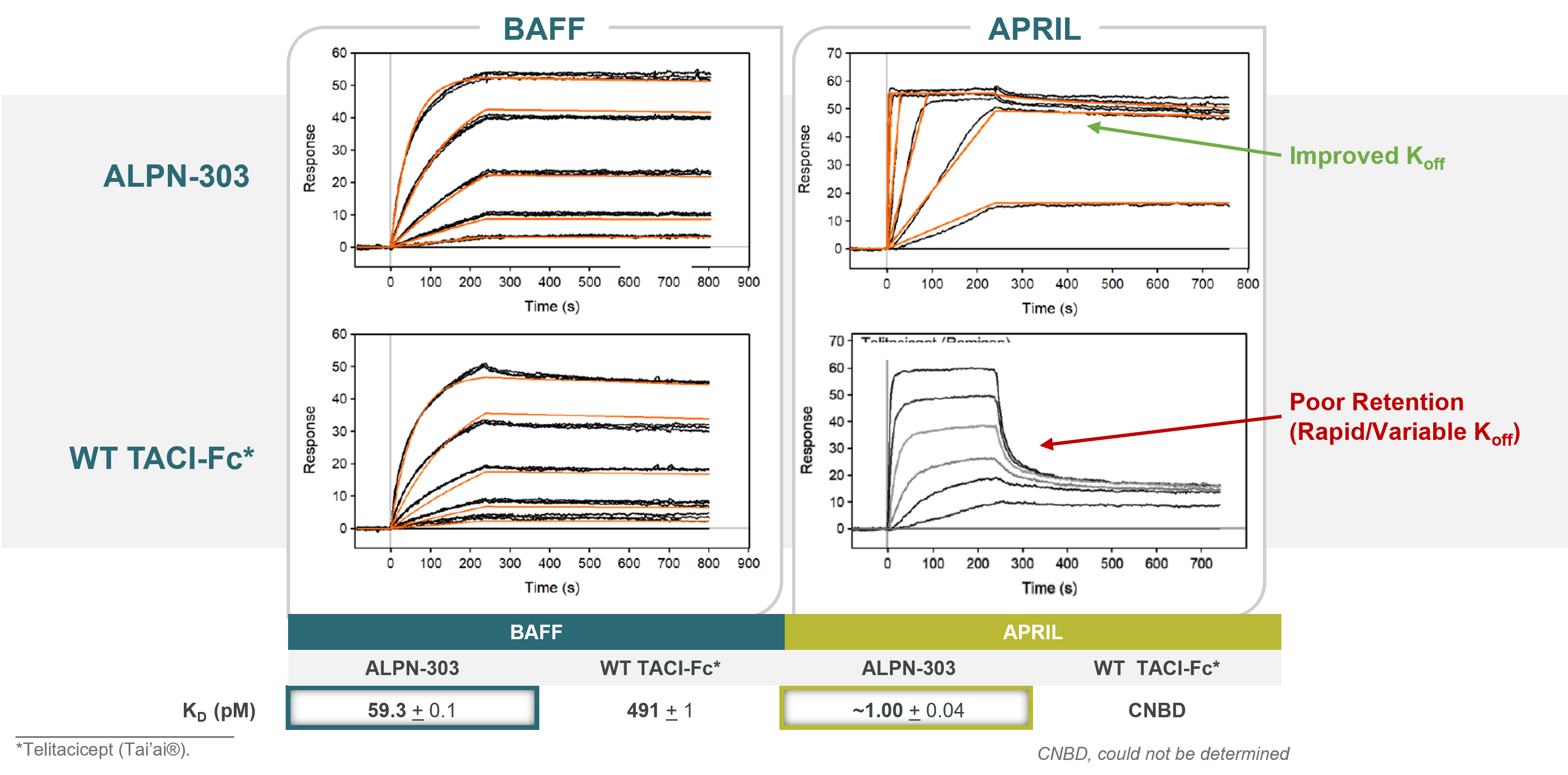 ALPN-303 Addresses a Key Weakness in WT TACI ALPN-303 improves affinity of TACI against BAFF 8 to 10-fold, and dramatically improved the affinity against APRIL.